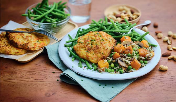 Menu &eacute;quilibr&eacute; r&ouml;sti l&eacute;gumes cheddar